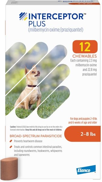 Interceptor Plus Chew for Dogs， 2-8 lbs， (Orange Box) - Intensery