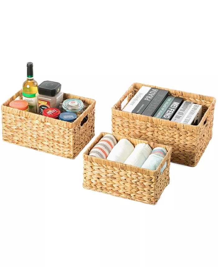 Vintiquewise Natural Woven Water Hyacinth Wicker Rectangular Storage Bin Basket with Handles， Set of 3 - Intensery