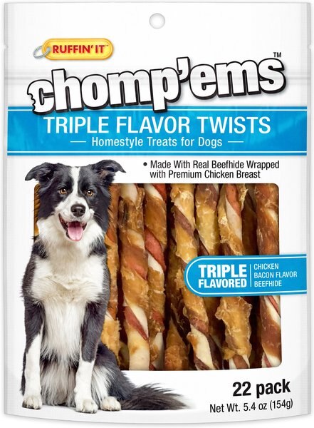 RUFFIN' IT Chomp'Ems Triple Flavor Twists Dog Treats， 22 count - Intensery