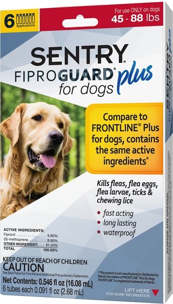 Sentry Fiproguard Plus Squeeze-On Dog Flea and Tick Treatment， 45 - 88lbs - Intensery