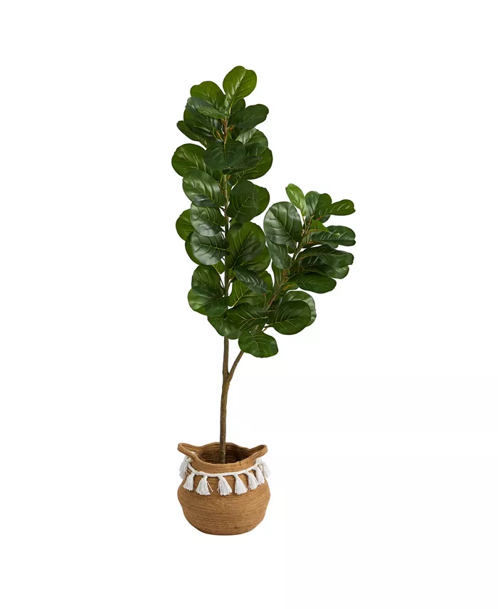 Nearly Natural 4.5' Fiddle Leaf Fig Artificial Tree in Boho Chic Planter with Tassels - Intensery
