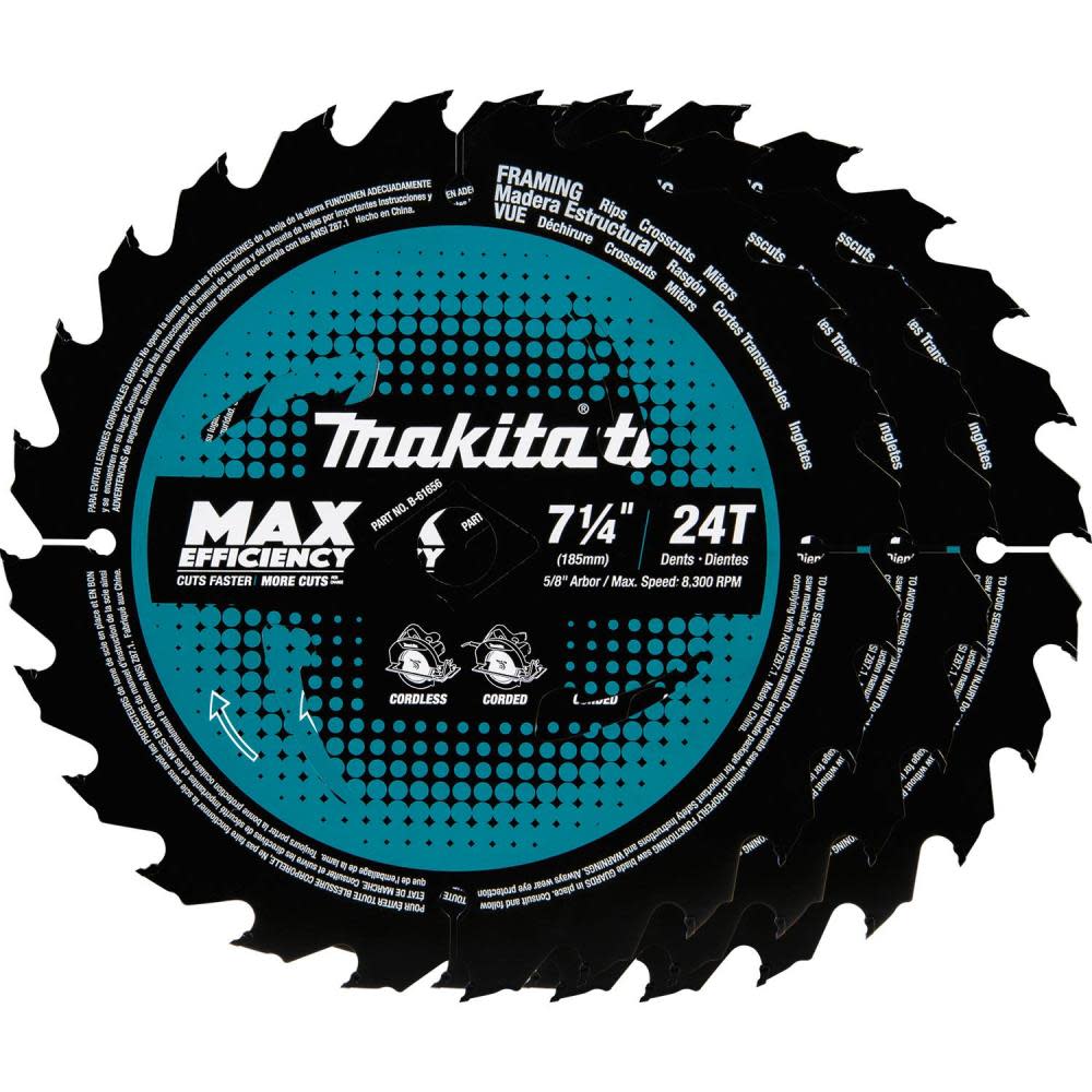 Makita Max Efficiency Circular Saw Blades 7 1/4 24T Carbide Tipped Framing 3pk - Intensery