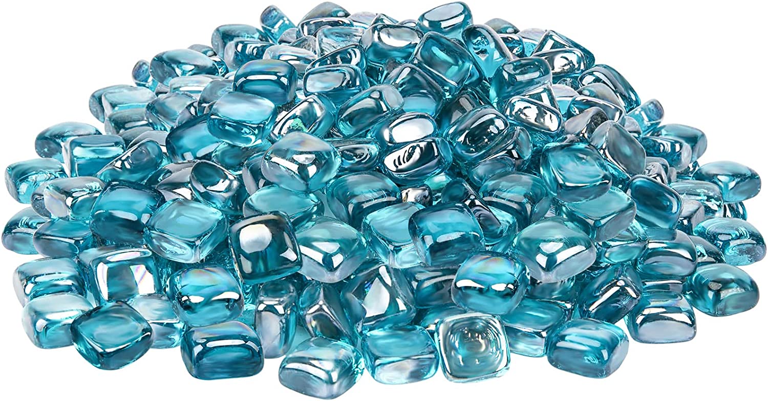 Caribbean Blue Fire Glass Cubes Tempered Rocks for Fire Pit, 10 Pounds 1/2 Inch for Natural or Propane Fireplace - Intensery