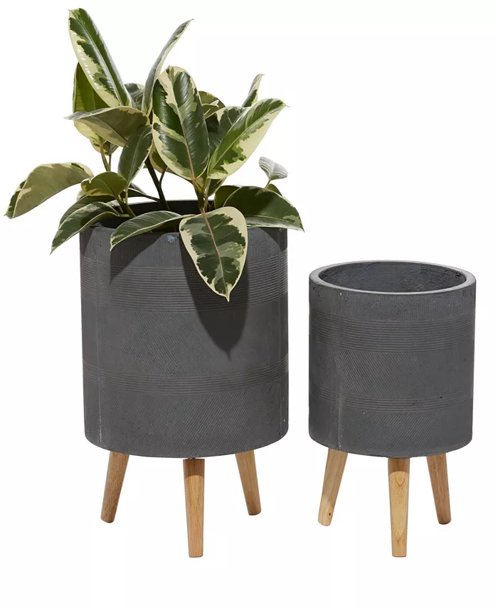 Rosemary Lane Gray Ceramic Indoor Outdoor Planter with Wood Legs Set of 2 - Intensery