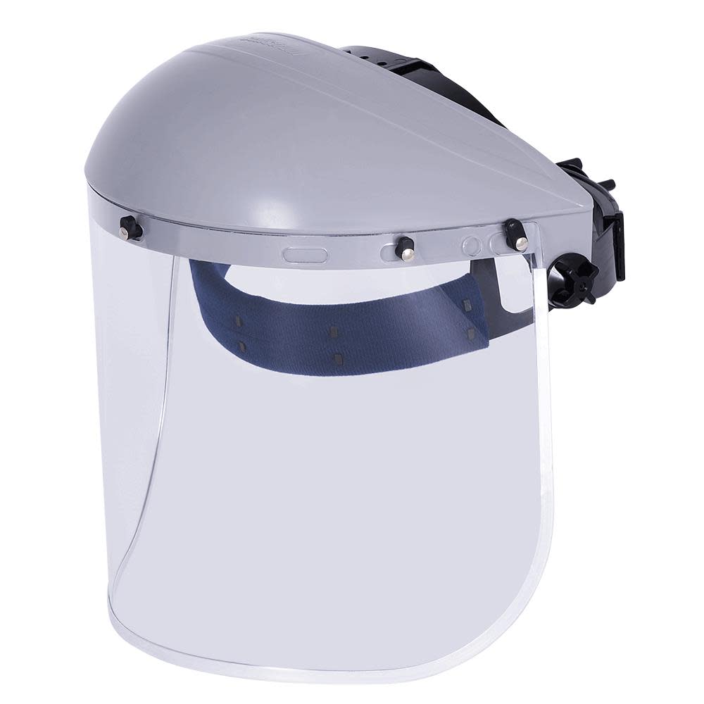 Single Crown Safety Face Shield with Ratchet Headgear， Uncoated Aluminum Bound Window， Clear Tint， Gray Crown - Intensery