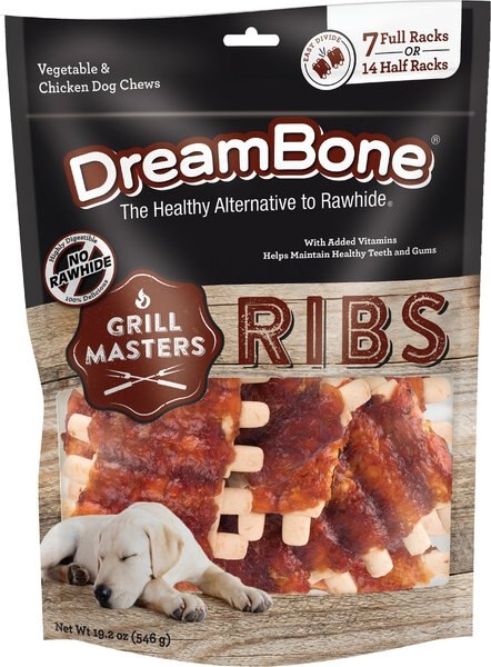 DreamBone Grill Masters Ribs Chews Dog Treats， 7 Full Racks - Intensery
