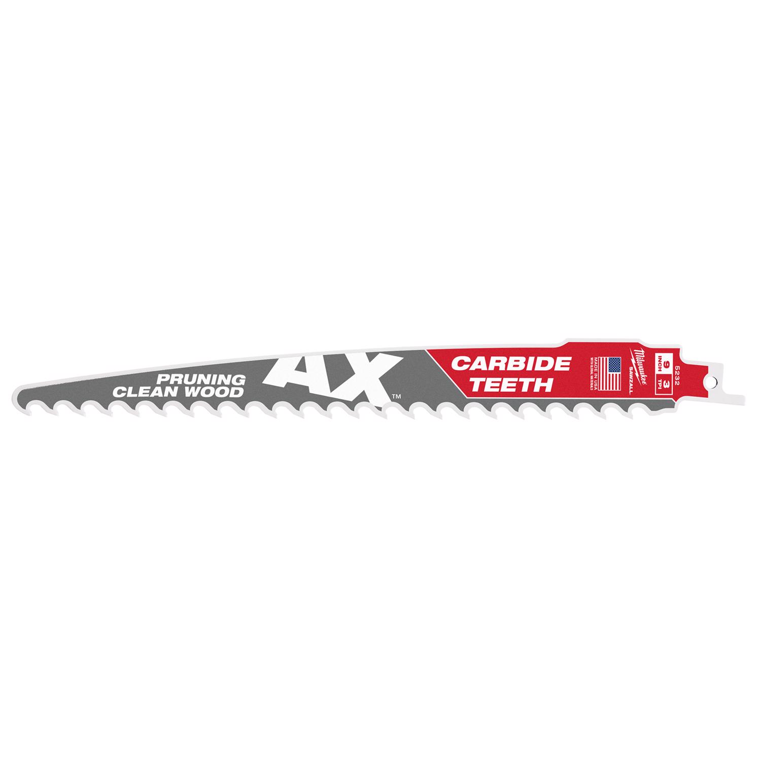 Milwaukee AX Sawzall 9 in. Carbide Pruning \u0026 Clean Wood Reciprocating Saw Blade 3 TPI 1 pk - Intensery