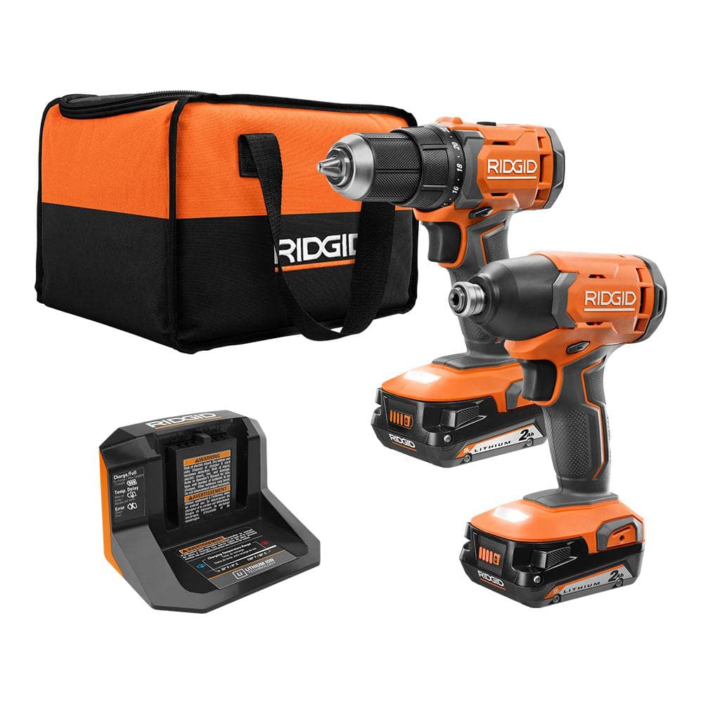 RIDGID 18V Cordless 2-Tool Combo Kit with 1/2 in. Drill/Driver, 1/4 in. Impact Driver, (2) 2.0 Ah Batteries, Charger, and Bag R9272 - Intensery