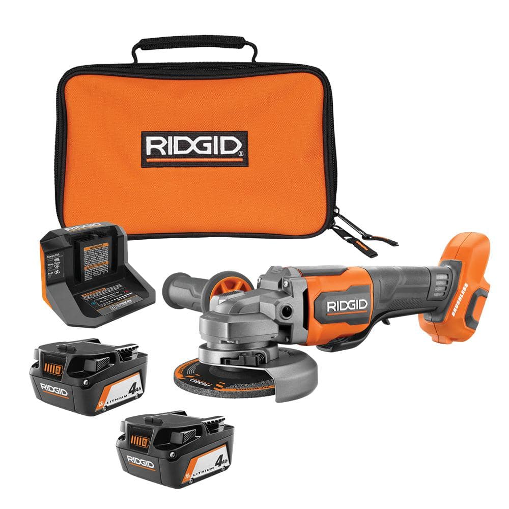 RIDGID 18V Brushless Cordless 4-1/2 in. Paddle Switch Angle Grinder with (2) 4.0 Ah Batteries, Charger, and Bag R86047B-AC93044SBN - Intensery