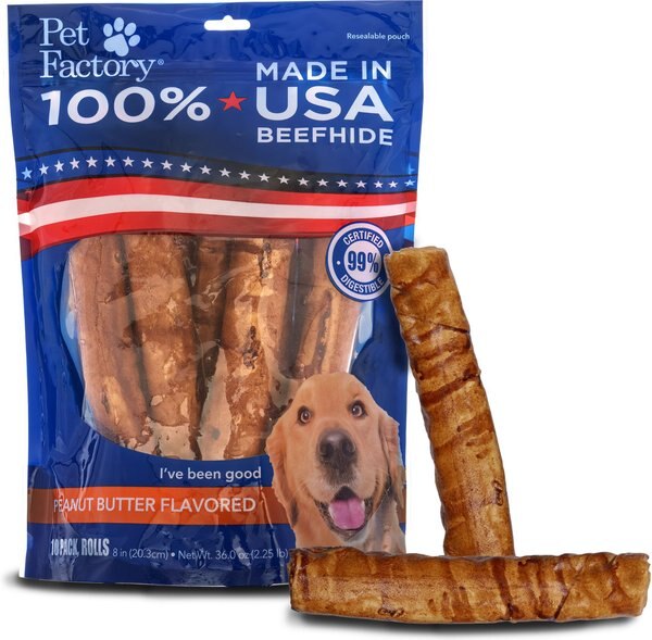 Pet Factory Beefhide 8-inch Rolls Peanut Butter Flavored Dog Hard Chews - Intensery