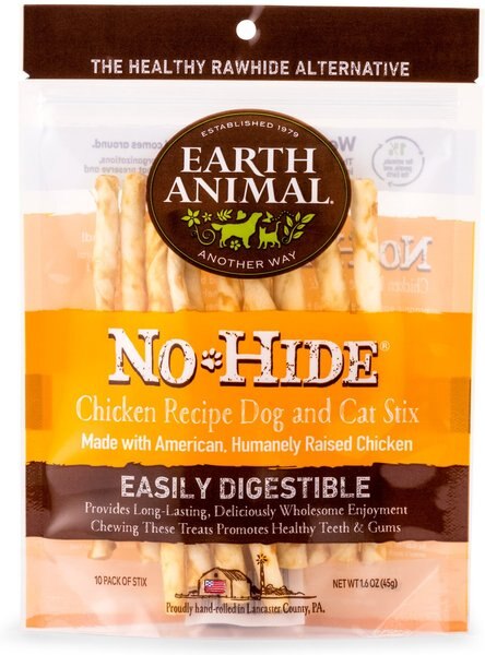 Earth Animal No-Hide Long Lasting Natural Rawhide Alternative Chicken Recipe Stix Chew Dog and Cat Treat Sticks， 10 count - Intensery