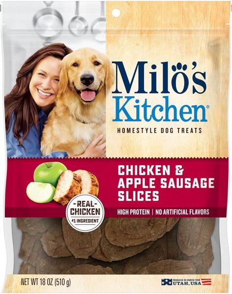 Milo's Kitchen Chicken and Apple Sausage Slices Dog Treats， 18-oz bag - Intensery