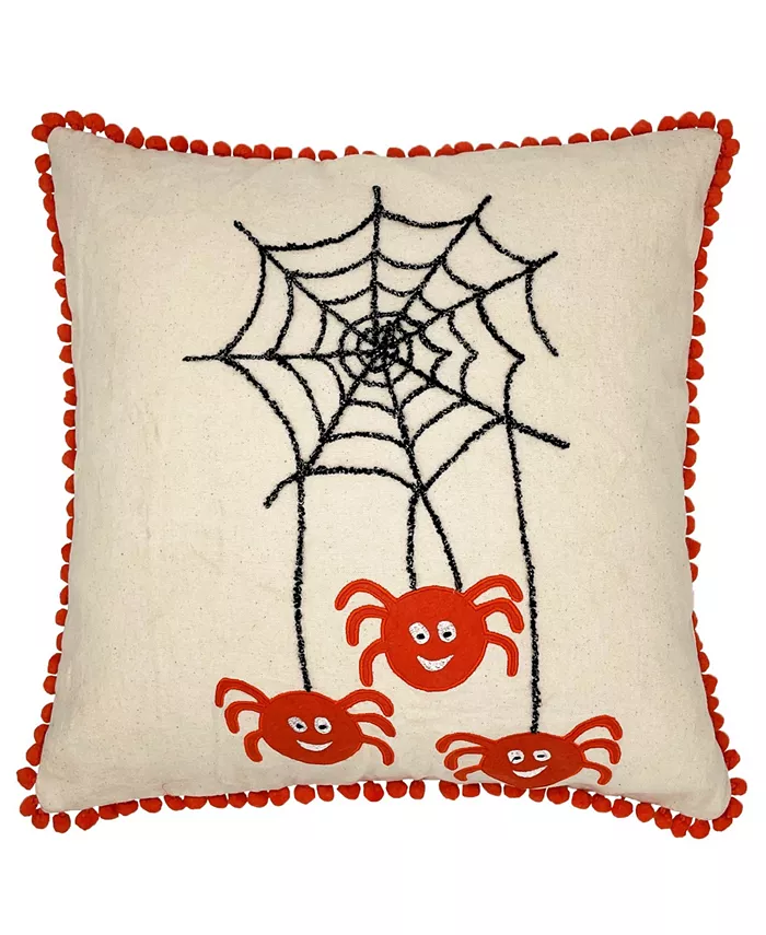Mod Lifestyles Spiders Embroidery Pillow with Pom Pom， 18