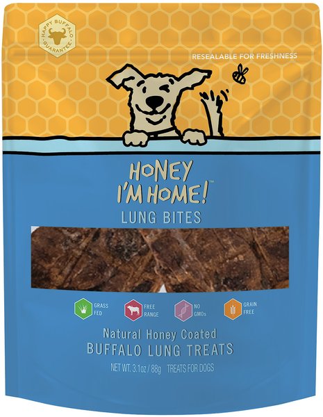 Honey I'm Home Lung Bites Natural Honey Coated Buffalo Grain-Free Dog Treats， 3.1-oz bag - Intensery