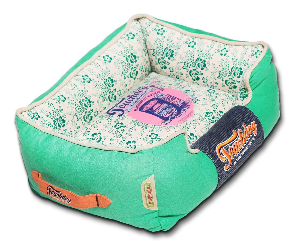 Touchdog Floral-Galore Vintage printed Ultra-Plush Rectangular Designer Dog Bed in Teal， Green， White (Large) - Pet Life PB50BLLG - Intensery