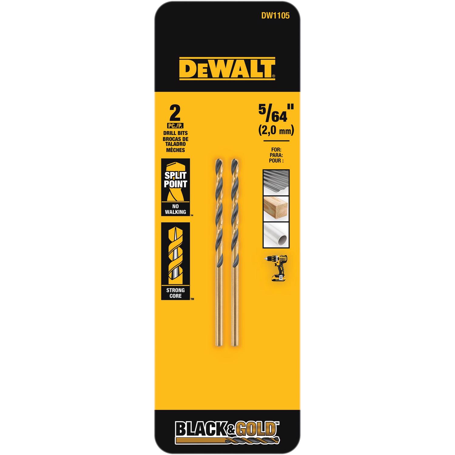 DeWalt Black \u0026 Gold 5/64 in. X 2.25 in. L High Speed Steel Drill Bit 2 pc - Intensery
