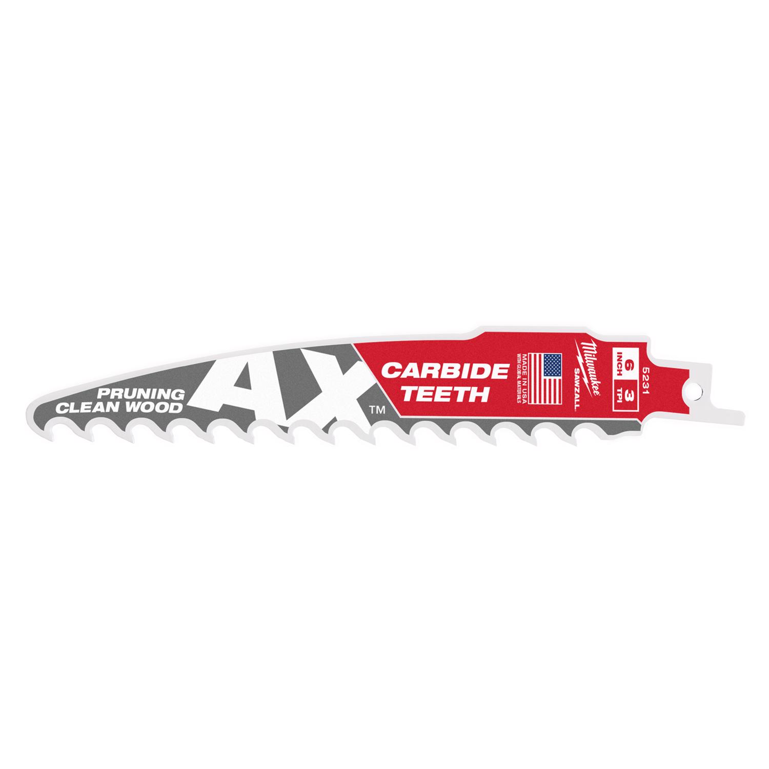 Milwaukee AX Sawzall 6 in. Carbide Pruning \u0026 Clean Wood Reciprocating Saw Blade 3 TPI 1 pk - Intensery