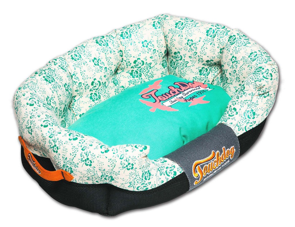 Touchdog Floral-Galore Ultra-Plush Rectangular Rounded Designer Dog Bed in Turquoise Blue， Cream White (Large) - Pet Life PB48BLLG - Intensery