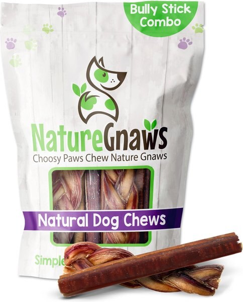 Nature Gnaws Large Bully Stick and Braided Bully Stick Combo Dog Treats， 6 count - Intensery