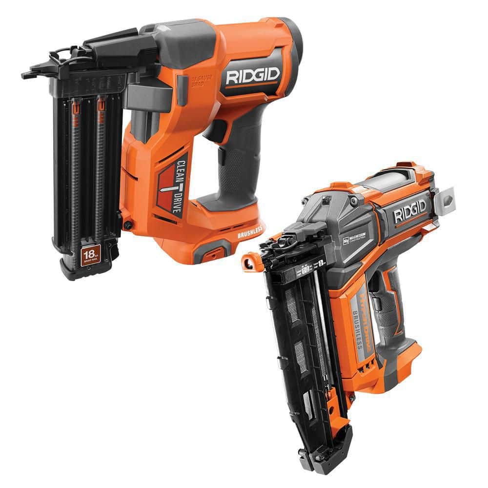 RIDGID 18V Brushless Cordless 18-Gauge 2-1/8 in. Brad Nailer w/ Brushless 16-Gauge 2-1/2 in Straight Finish Nailer (Tools Only) R09891B-R09892B - Intensery