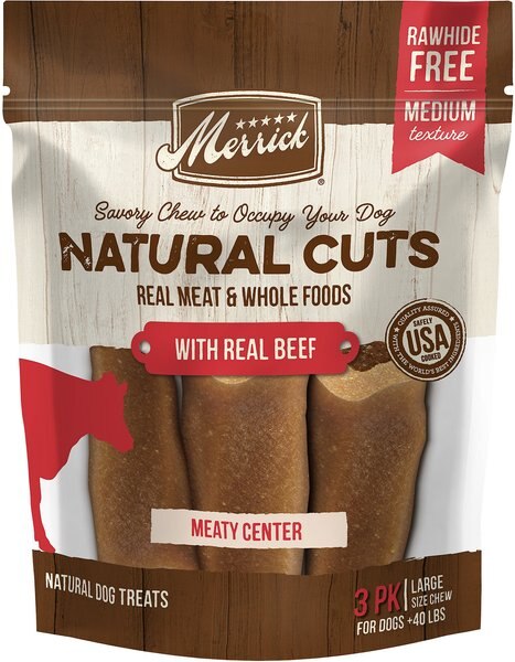 Merrick Natural Cuts Large Real Beef Flavor Rawhide Free Dog Treats， 3 count - Intensery