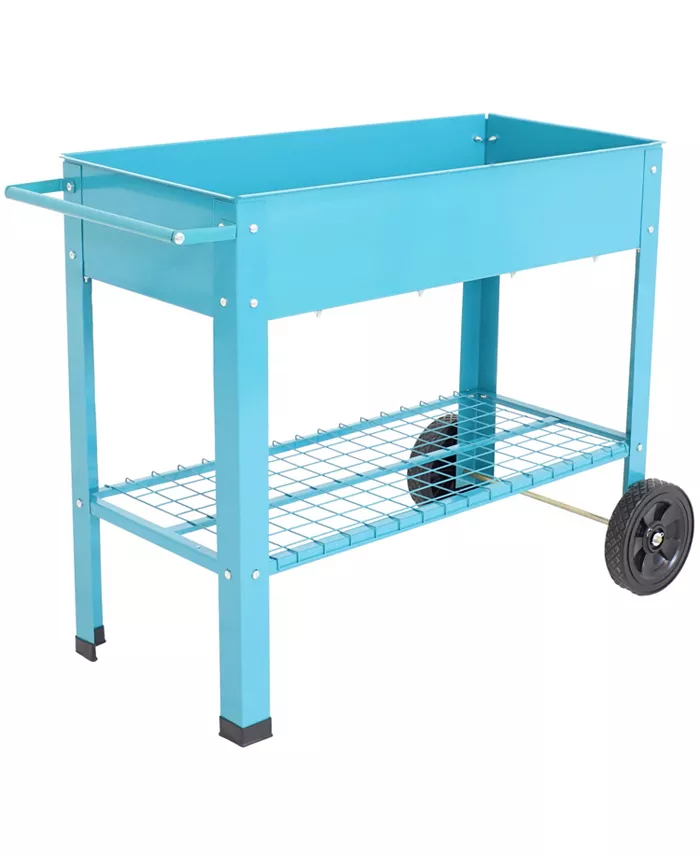 Sunnydaze Decor 43 in Galvanized Steel Mobile Raised Garden Bed Cart - Blue - Intensery