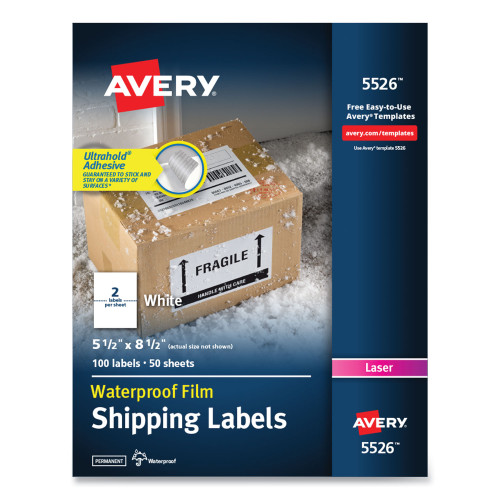Avery Waterproof Shipping Labels with TrueBlock Technology， Laser Printers， 5.5 x 8.5， White， 2/Sheet， 50 Sheets/Pack (5526) - Intensery