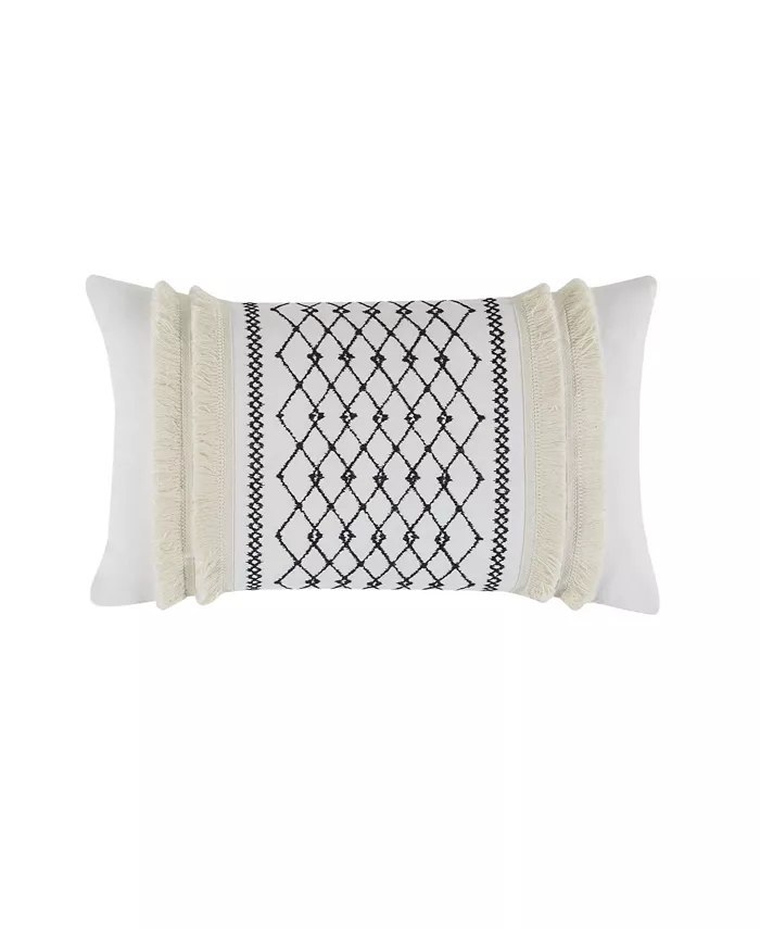 Gracie Mills Bea Embroidered Cotton Oblong Pillow with Tassels Ivory Oblong - Intensery