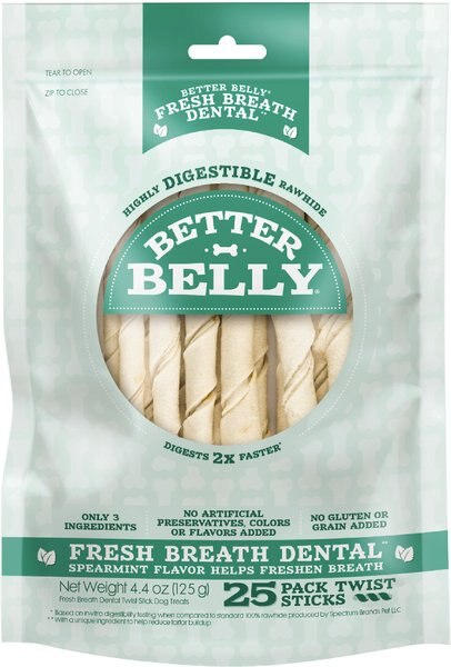 Better Belly Fresh Breath Dental Spearmint Flavor Twist Sticks Dog Treats， 25 count - Intensery