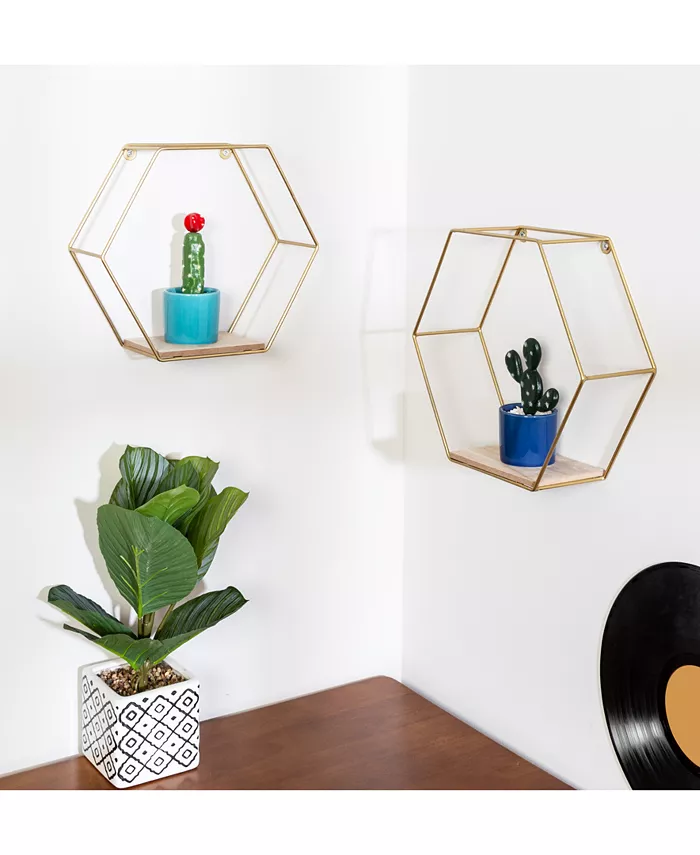 Honey Can Do Hexagonal Decorative Metal Wall Shelves， Set of 2 - Intensery