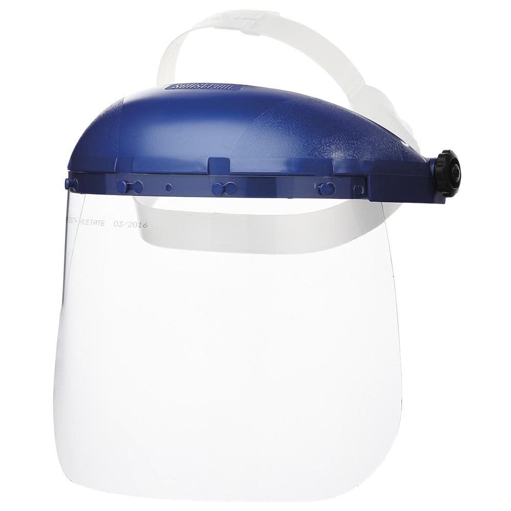 Single Crown Safety Face Shield with Pin-Lock Headgear， Polycarbonate Window， Clear Tint， Uncoated， Blue Crown - Intensery