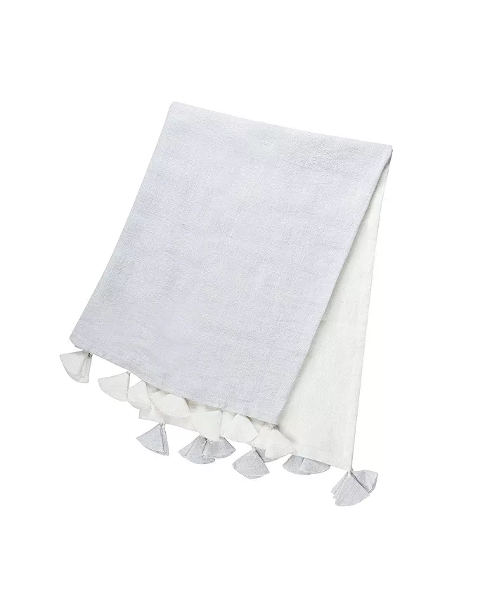 Anaya Home Light Grey Colorblocked Linen Blanket With Tassels - Intensery