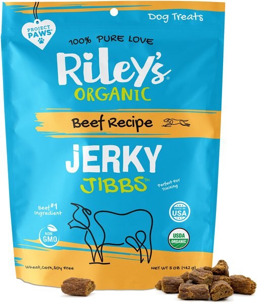 Riley's Organic Jerky Jibbs Beef Recipe Dog Treats， 5-oz pouch - Intensery