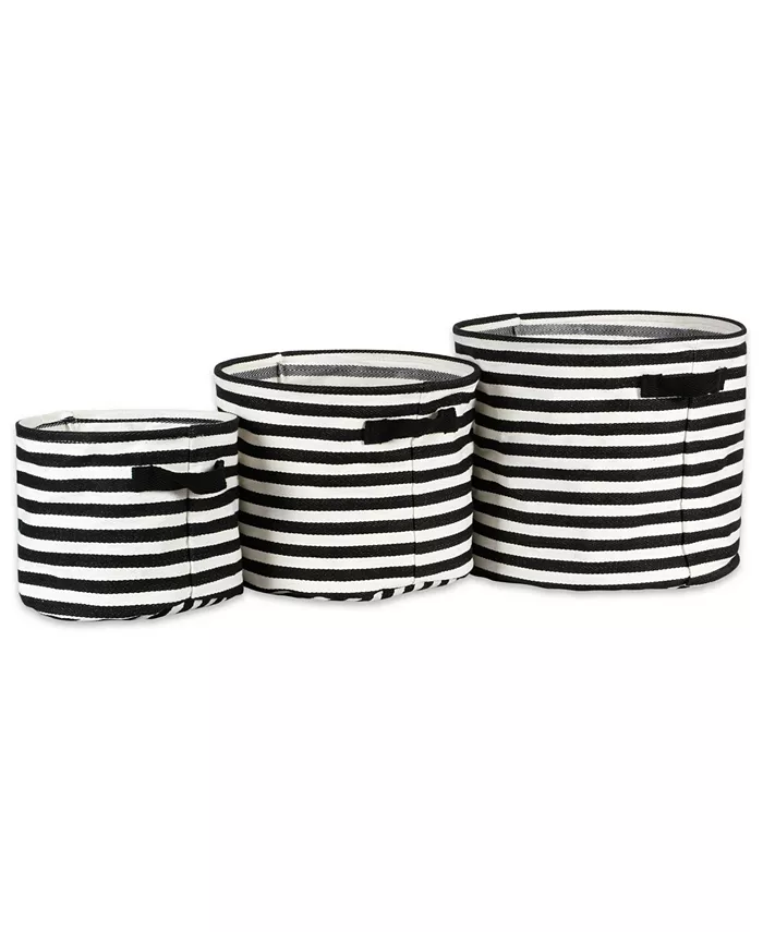 Design Imports Polyethylene Coated Herringbone Woven Cotton Laundry Bin Stripe Round Set of 3 - Intensery