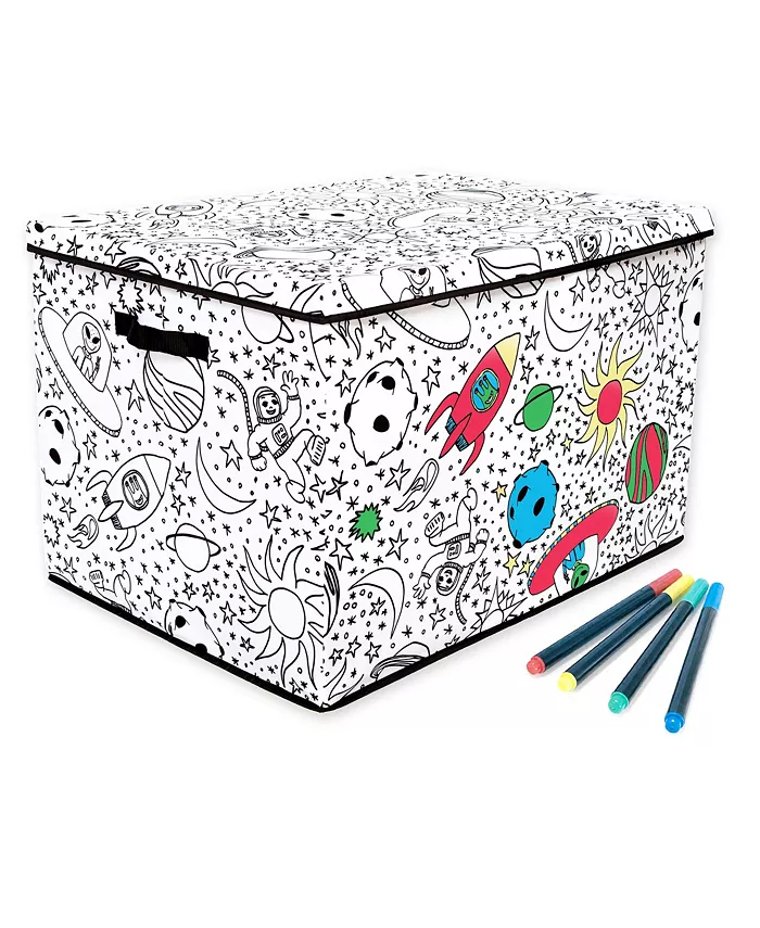 Baum Kid's Coloring Space Print Large Lidded Trunk with Removable Divider and 4 Washable Markers Set - Intensery