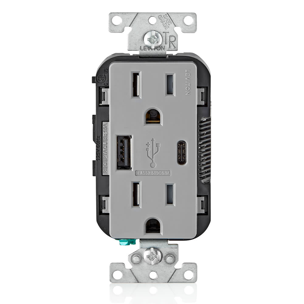 Leviton 15A 125V 5-15R Gray Outlet with USB Type A/C Charger - Intensery