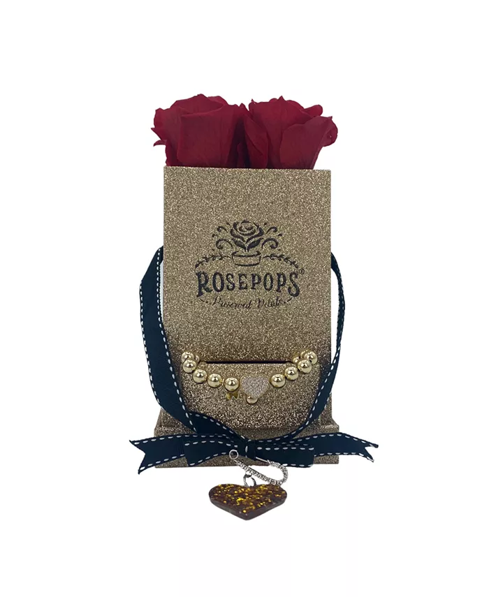 Rosepops Gold-Tone Glitter Square Box with Drawer and 4 Red Real Preserved Roses - Intensery