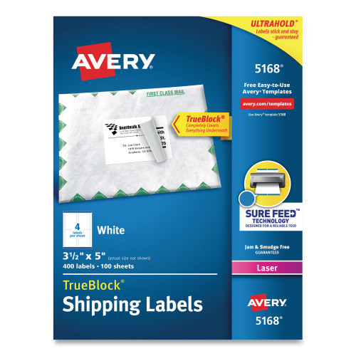 Avery Shipping Labels w/ TrueBlock Technology， Laser Printers， 3.5 x 5， White， 4/Sheet， 100 Sheets/Box (5168) - Intensery