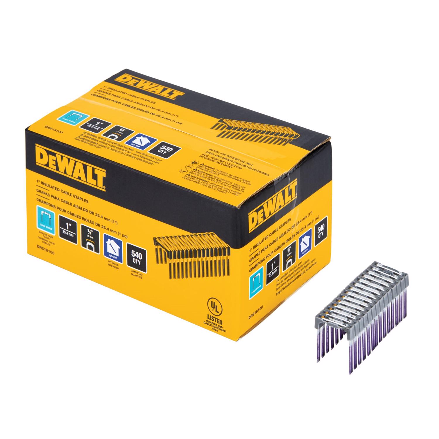 DeWalt 3/4 in. W X 1 in. L 18 Ga. Insulated Crown Cable Staples 540 pk - Intensery