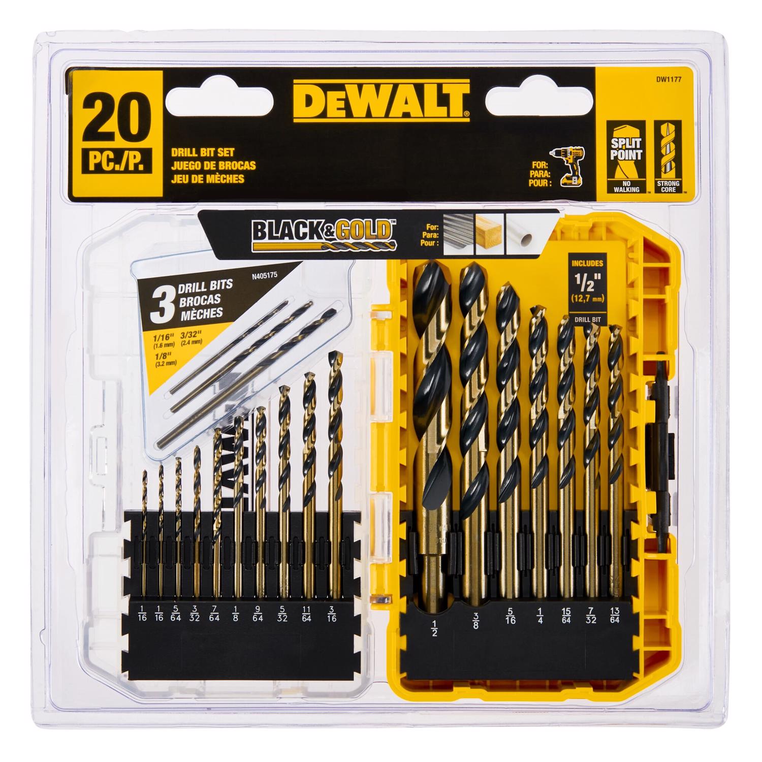 DEWALT BLACK \u0026 GOLD High Speed Steel Pilot Point Drill Bit Set 20 pc - Intensery