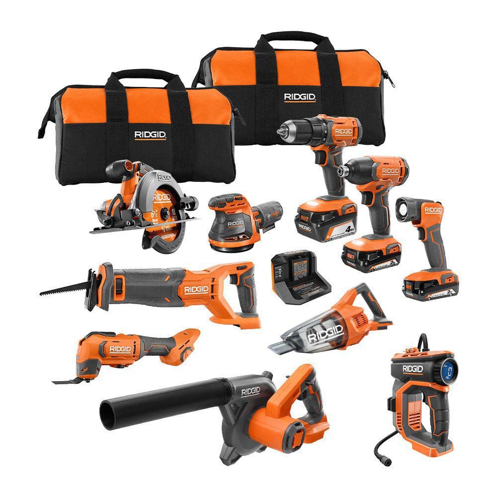 RIDGID 18V Cordless 10-Tool Combo Kit with (2) 2.0 Ah Battery, (1) 4.0 Ah Battery, Charger, and Bag R96259N - Intensery