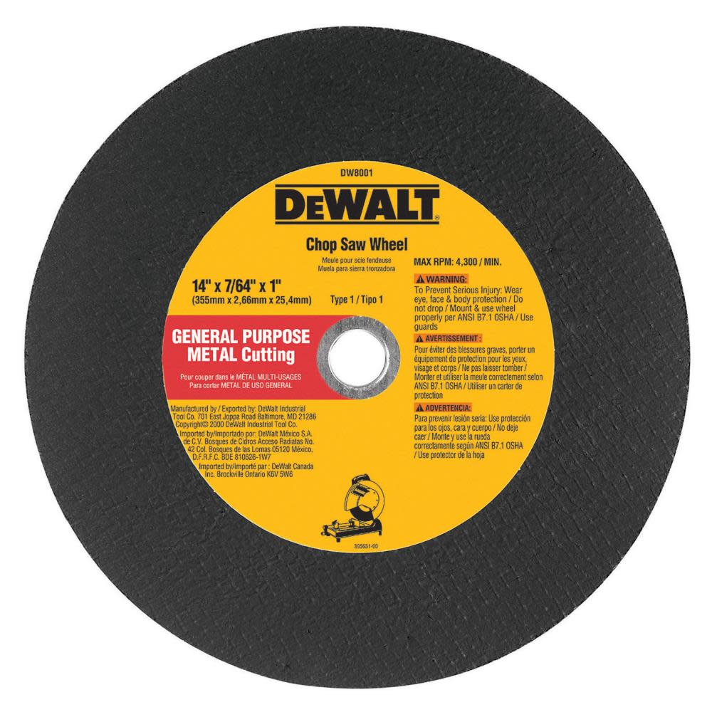 DEWALT 14 In. X7/ 64 In. X7/ 64 In. x 1 In. GP Chop Saw Wheel DW8001B4 from DEWALT - Intensery