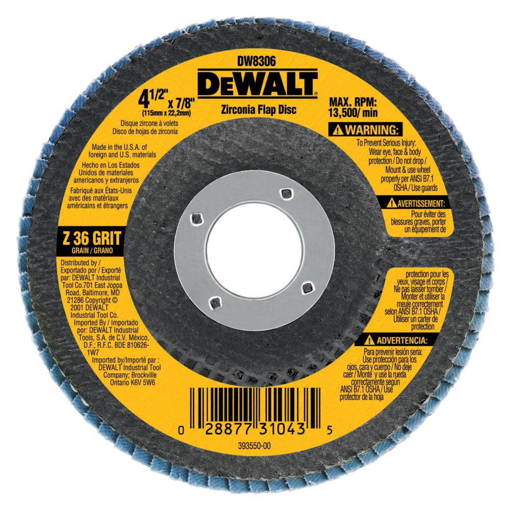 DEWALT 4-1/2 In x 5/8 In -11 60Grit Zirconia Flap Disc DW8312 from DEWALT - Intensery