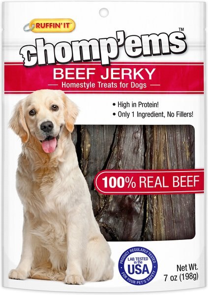 RUFFIN' IT Chomp'Ems Beef Jerky Dog Treats， 7-oz bag - Intensery