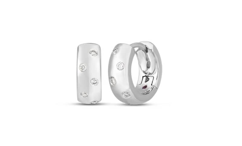 Roberto Coin 18K White Gold Classic Diamond Huggie Hoop Earrings - Intensery