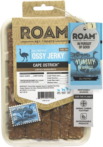 Roam Ossy Jerky Cape Ostrich Dog Treats， 5-oz pouch - Intensery