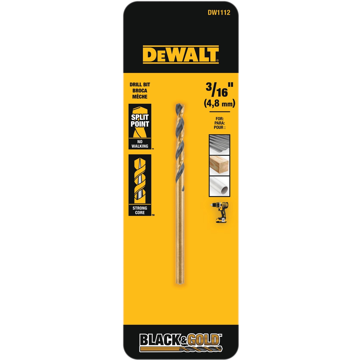 DeWalt Black \u0026 Gold 3/16 in. X 3.5 in. L High Speed Steel Split Point Drill Bit 1 pc - Intensery