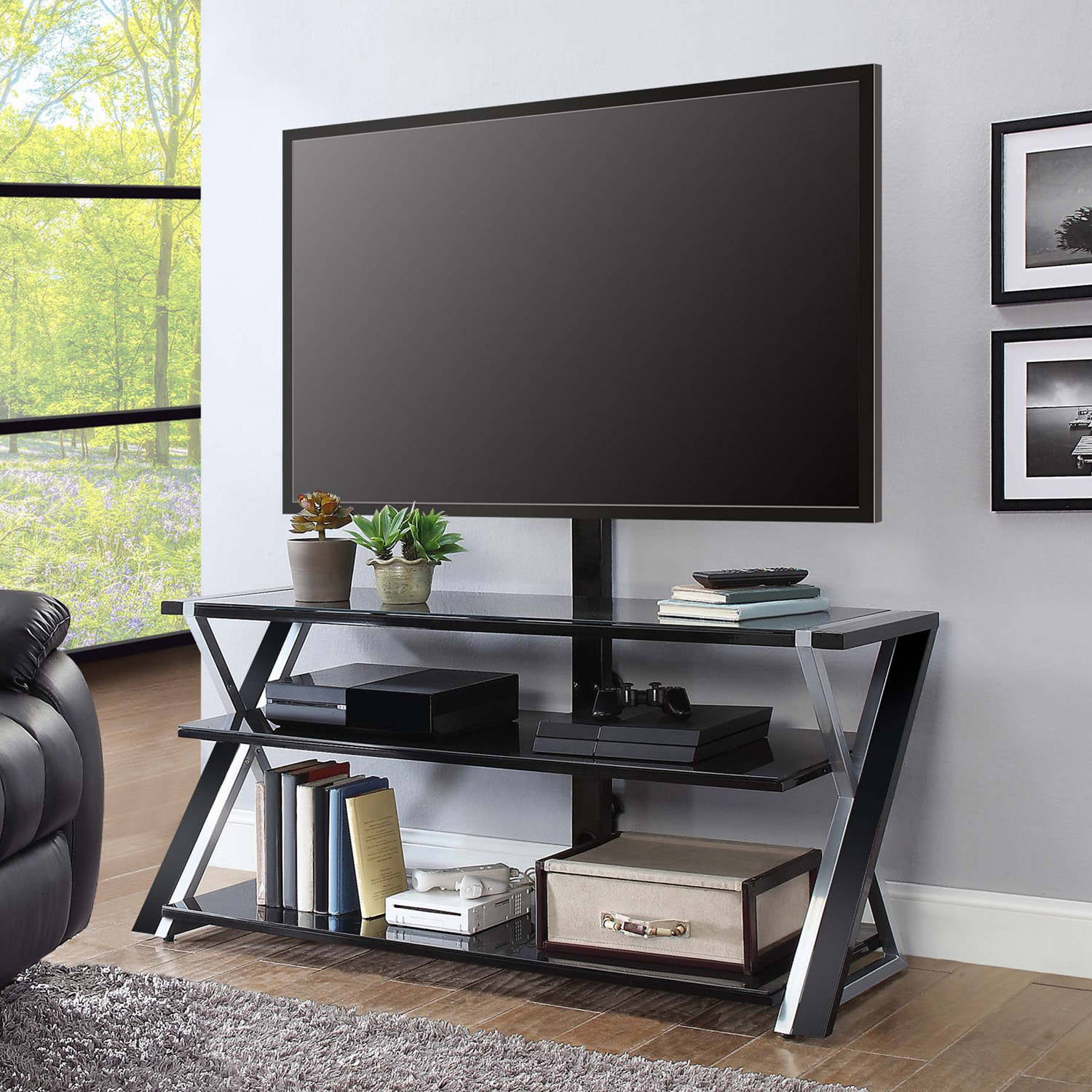 Whalen Xavier 3-in-1 TV Stand for TVs up to 70″, with 3 Display Options for Flat Screens, Black with Silver Accents - Intensery