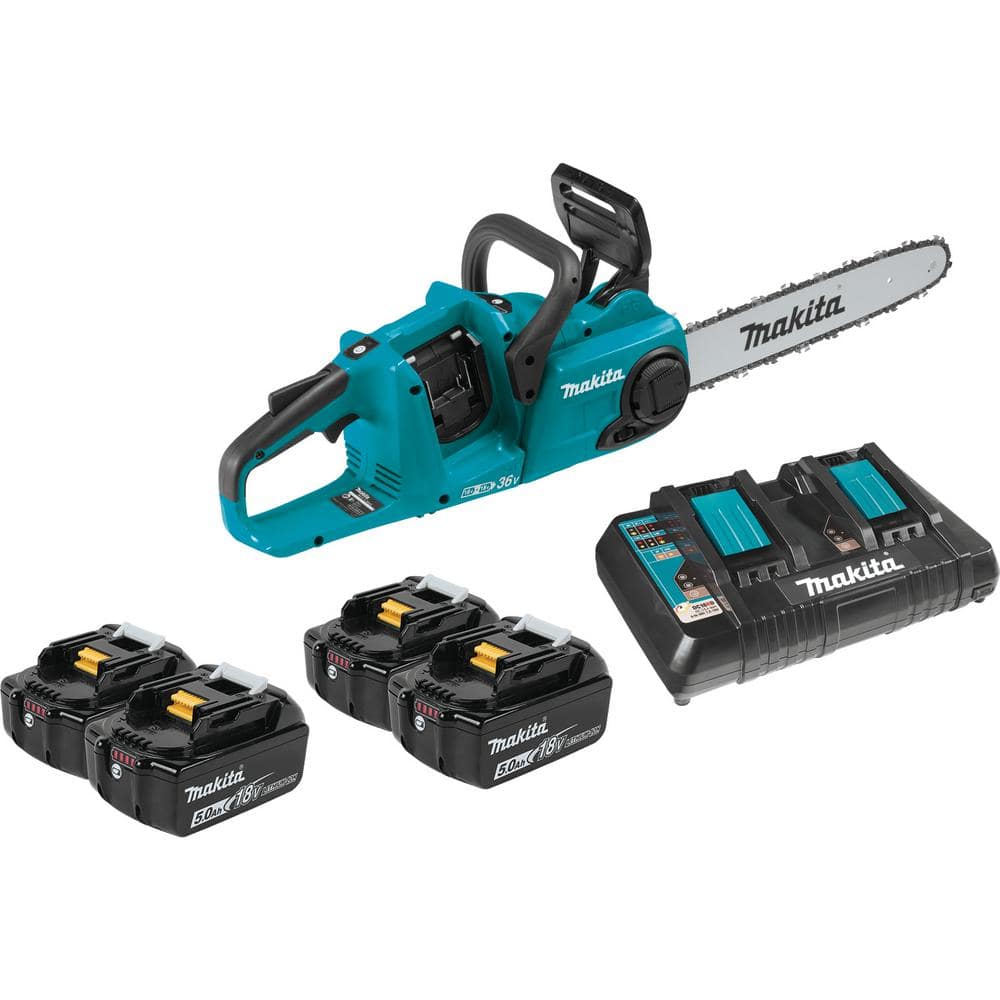 Makita 14 in. 18-Volt X2 (36-Volt) LXT Lithium-Ion Brushless Battery Chain Saw Kit with Four 5.0 Ah Batteries and Charger XCU03PT1 - Intensery