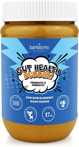 Bark Bistro Company Buddy Budder Bow-Wow Blueberry Probiotic and Prebiotic Peanut Butter Lickable Dog Treat， 17-oz jar - Intensery